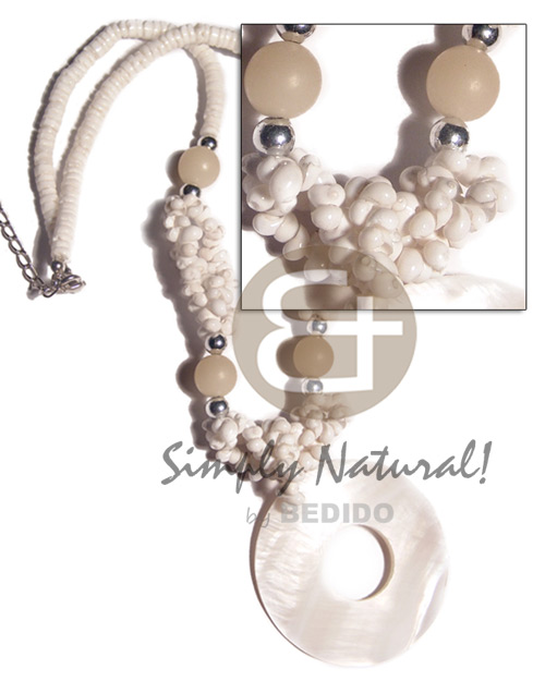 4-5mm white clam heishe  buri beads and white mongo shells combination and 50mm kabibe ring (23mm inner hole) / 18in / ext. chain - Home