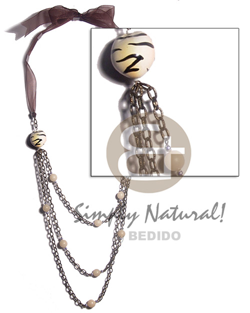 2pcs. tiger kukui nuts  buri tiger seeds in 3 graduated rows of metal chain and  organza ribbon / 36in - Home