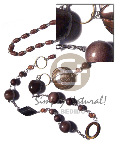 endless chain linked buri tube , round wood beads 18mm/12mm/8mm, brown kukui nuts and 35mmx30mm grooved laminated brown kabibe shell / 38in - Home