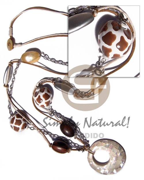 2 layers knotted wax cord  metal chain combination, wood beads, gold mouth shell and animal print kukui nuts accent  45mm round kabibe shell blocking pendant  20mm hole / 32in - Home