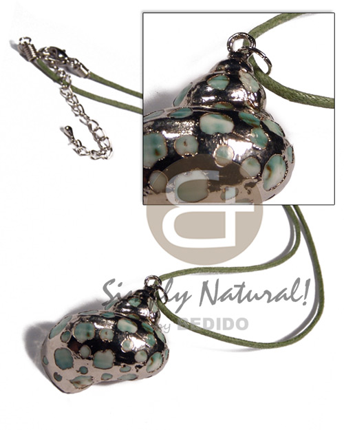 light green wax cord  green turbo shell pendant (approx.  35mm - varying natural sizes ) molten silver metal series /  attached jump rings / electroplated / 19-076 / 16in - Home