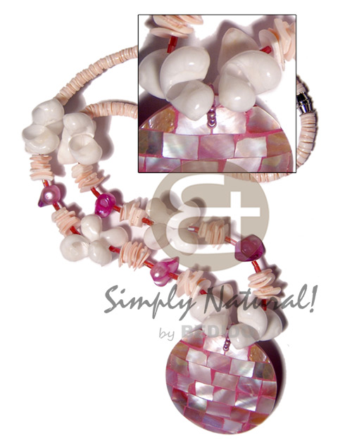 4-5mm white clam heishe   moon shells / pink rose shells /pink nuggets combination and 50mm round pink  resin  laminated kabibe shells pendant / 20in - Home