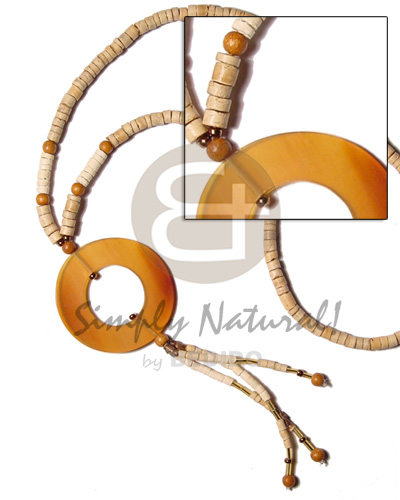 4-5 coco heishe nat/ wood beads/  horn amber disc and tassles - Home