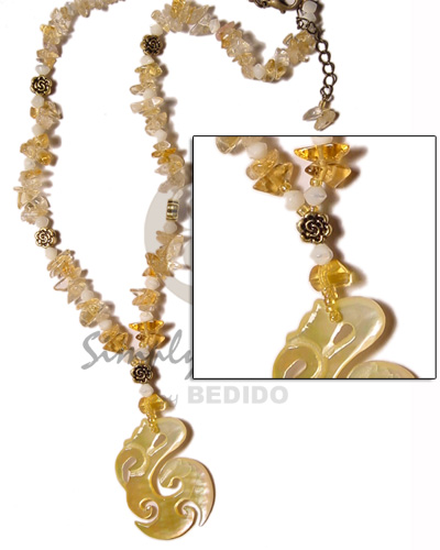 clear stone crystals in yellow gold tones  troca beads and 40mmx25mm celtic MOP pendant - Home