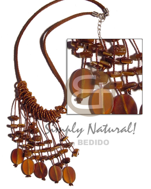 dangling oval horn amber on leather thong  glass beads & brownlip - Home