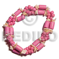 2 rows pink wood tube  matching 4-5mm coco Pokalet. & pink rose elastic bracelet - Home