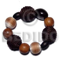 elastic bracelet  wrapped wood beads. bayong round wood and kukui nuts combination - Home