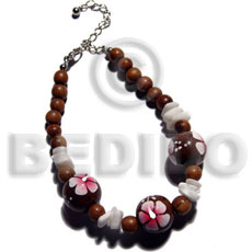 4-5mm coco Pokalet. nat. brown  handpainted 15mm robles round wood beads & white rose shell accent / pink flower - Home