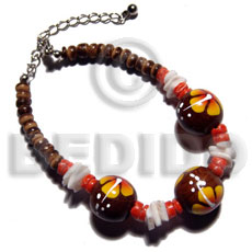 4-5mm coco Pokalet. nat. brown  handpainted 15mm robles round wood beads & white rose shell accent / yellow flower - Home