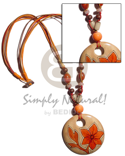 60mm round polished handpainted nat. wood in 4 rows wax cord  buri & wood beads accent - Home