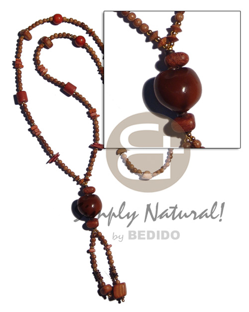 36 in. tassled 4-5mm robles round wood beads & asstd. wood/ coco beads  colored kukui nut / brown tones - Home