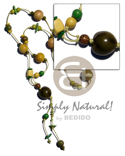 36 in. tassled wax cord  painted marbled & asstd. wood beads   colored kukui nut / green/yellow tones - Home