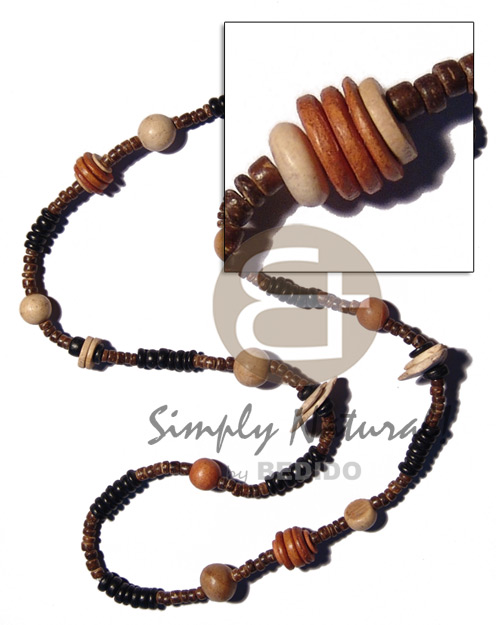 "kalandrakas"- asstd. wood beads per necklace when ordered in 4-5mm coco pokalet nat. brown/7-8mm coco Pokalet black combination neckline / 36 in - Home