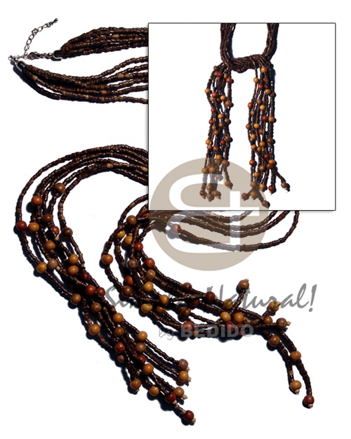 scarf necklace - 6 rows 2-3mm coco heishe nat. brown  8mm asstd. round wood beads accent / 44 in. - Home