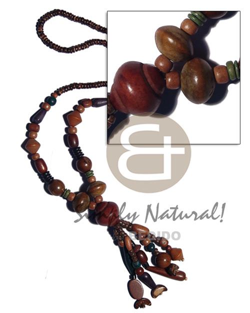 4-5mm coco nat. brown Pokalet w asstd. & tassled wood beads in various shapes & subdued earth tones / 26 in. - Home