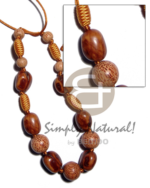 capsule wrapped wood beads  rubber seed, 20mm round palmwood combination in golden satin cord / 36in adjustable - Home