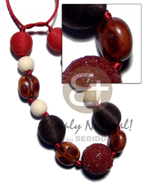 20mm/25mm/30mm round wrapped wood beads   rubber seed and wood beads combination in maroon satin cord / 36in adjustable - Home
