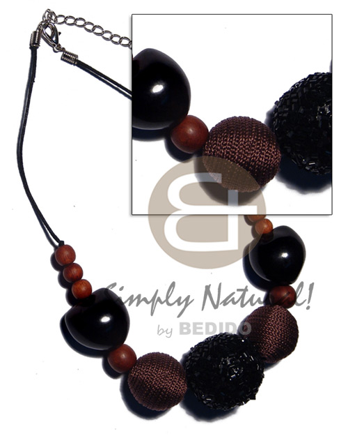 20mm/25mm round wrapped wood beads, black kukui nuts and wood beads combination in black wax cord - Home