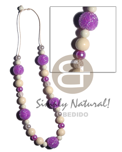 20mm wrapped wood beads in lilac cut glass beads  15mm /10mm buffed bleached wood beads , pearl combination in wax cord / 28 in - Home