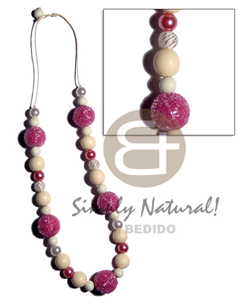 20mm wrapped wood beads in pink cut glass beads  15mm /10mm buffed bleached wood beads , pearl combination in wax cord / 28 in - Home
