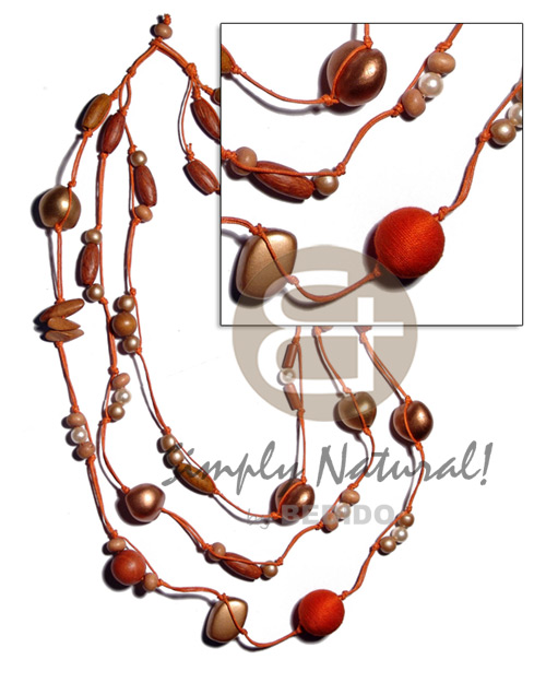 3 rows 16" 17" 18" wax cord  asstd. wood beads, pearl, wrapped wood bead, pearlized kukui nuts in orange.bronze tones - Home