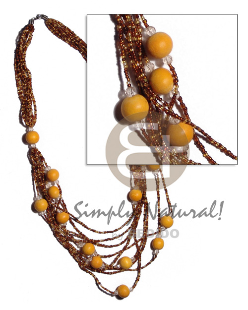 5 rows  graduated multilayered  golden brown glass beads   20mm round wood beads/pearl accent / yellow tones / 32 in - Home