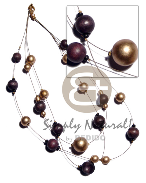 3 magic wire in graduated rows  nat. round wood beads 10mm/15mm/18mm in gold and brown tones - Home