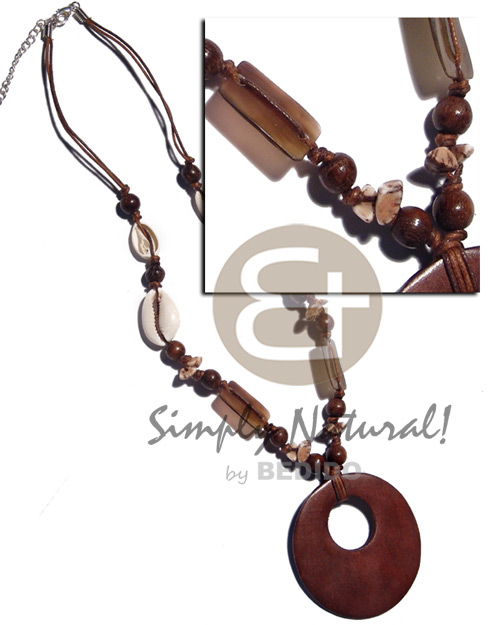 sigay,wood beads, 15mmx20mm rectangular black tab, buri in double wax cord  round 60mm reddish brown nat. wood pendant - Home