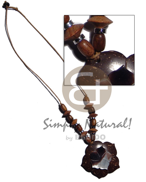 45mm flower coco pendant  25mm hammershell flower   skin combination and wood beads on wax cord neckline - Home