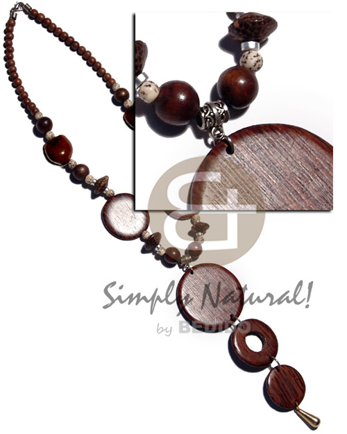 round woods beads  brown kukui nuts, buri tiger seed, two  35mm palmwood circles and dangling graduated palmwood circles  - 50mm/35mm/30mm - Home