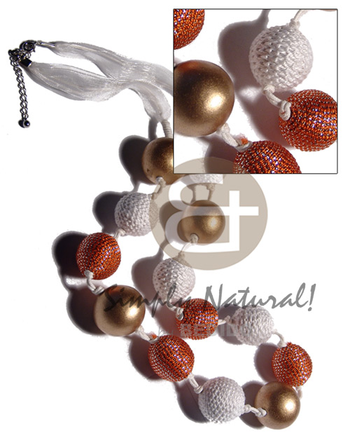 20mm wrapped wood bead  25mm gold nat. round wood beads in white ribbon and wax cord / 28 in - Home