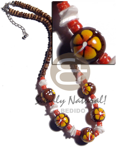 4-5mm coco Pokalet. nat. brown  handpainted 15mm robles round wood beads & white rose shell accent / yellow flower - Home