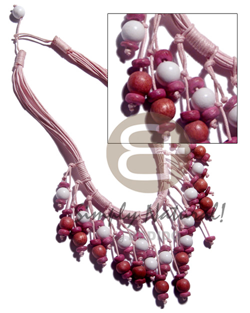 cleopatra / 15 r0ws wax cord  dangling 10mm round wood beads & 7-8mm coco Pokalet / pink and white tones - Home