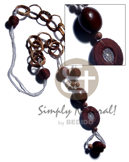 basket rings  kukui nuts/15mm wrapped wood beads/ 30mm wrapped wood ring and glass beads / 32in./ in brown tones - Home