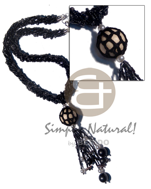 twisted 9 rows black cut beads and 2-3mm black coco Pokalet combination  crochet and tassled 20mm wood beads / 16in. plus 2.5in. tassles - Home