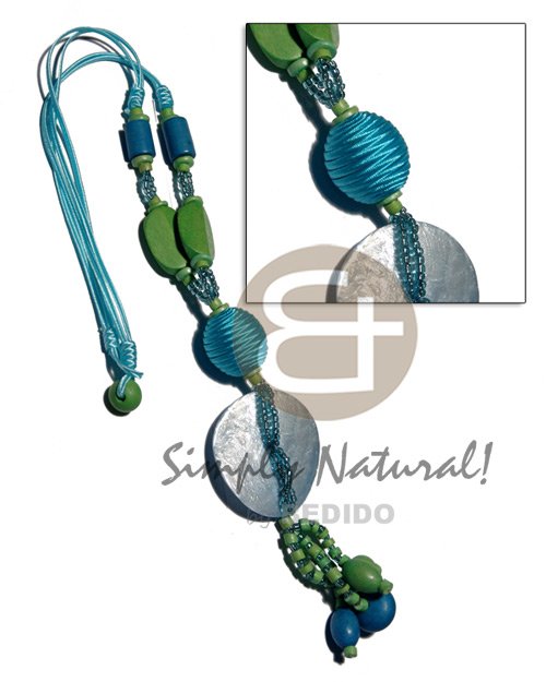 tassled 2 layers satin cord  glass and wood beads, 7-8mm coco Pokalet, 2-3mm coco heishe, oval 25mmx20mm wrapped wood beads & 45mm round laminated capiz / aqua  and sea green tones / 22in. plus 2in tassles - Home