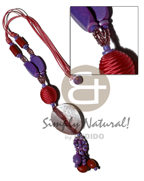 tassled 2 layers satin cord  glass and wood beads, 7-8mm coco Pokalet, 2-3mm coco heishe, oval 25mmx20mm wrapped wood beads & 45mm round laminated capiz / red and blue violet tones / 22in. plus 2in tassles - Home
