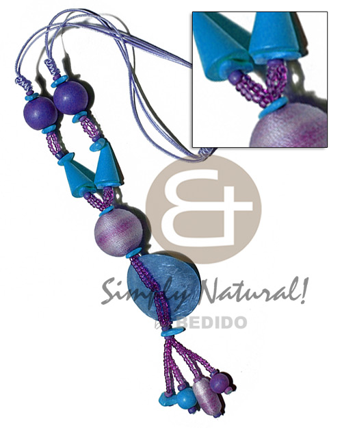 tassled 2 layers satin cord  glass and wood beads, 7-8mm coco Pokalet, coco chips, round 25mm wrapped wood beads & 45mm round laminated capiz / deep sky blue and blue violet / 22in. plus 2in tassles - Home