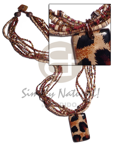 7 layers 2-3mm coco heishe/melo shell heishe/glass beads and shell nuggets combination  55mmx35mm rectangular laminated wood  handpainted animal print / 22in - Home