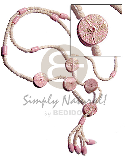 2-3mm coco Pokalet bleached   tassled 20mm flat round wood beads in textured brush paint pink/metallic gold combination  / 32in plus 3in tassles - Home