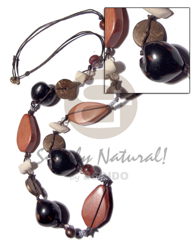 2 layers knotted wax cord  asstd.  wood beads- 40mmx20mm flat freeforem wood,20mm coco Pokalet  kukui nut /32 in. - Home