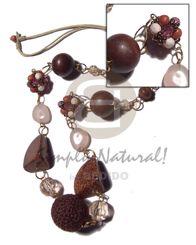 2 layers wax cord  round 20mm wood beads, palmwood chunks, beaded balls,  crystal  accent  metal findings and links / 30in - Home