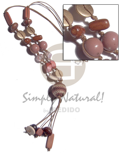 asstd wood beads in 2 rows wax cord  20mm wrapped wood bead and 2.5 in. tassles - Home