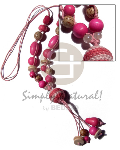 2 layers knotted wax cord  asstd.  wood beads and 20mm tassled wrapped wood beads / pastel and bright pink tones / 28mm plus 3in. tassles - Home
