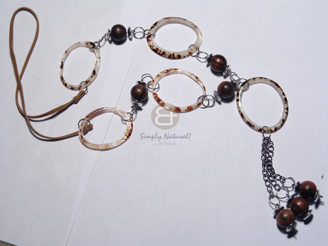 2 rows wax cord  asstd. wood beads , 20mm wood rings, acrylic crystals, in metal links / brown, bronze and maroon tones / 30in - Home