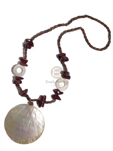 65mm round MOP  wood ricebeads, shell rings, acrylic nuggets combination neckline / 20in - Home