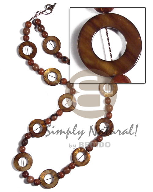 30mm round laminated golden amber kabibe shell rings ( 11 pcs. ) in high gloss  wood beads accent / 32in - Home