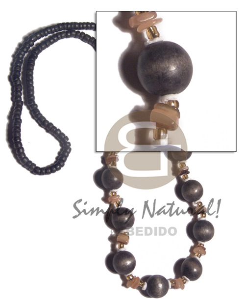 11 pcs. 15mm round wood beads, white clam combination in 4-5mm black coco Pokalet neckline / 28in / barrel lock - Home