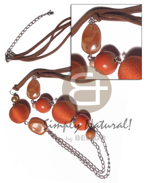 2 rows brown leather thong  2pcs. wrapped and round wood beads, resin in dark orange tones  dangling metal double chain accent / 30in/ ext. chain - Home