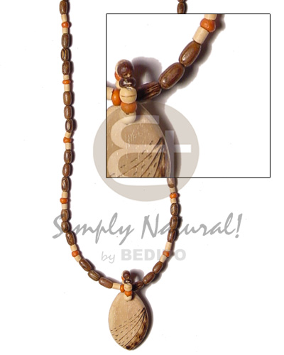 oval wood pendant  burning/wood rice beads and rust colored pokalet alt. - Home